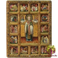 Живописная икона &quot;Святитель Николай, архиепископ Мир Ликийский (Мирликийский), чудотворец с житийными сценами&quot; на кипарисе