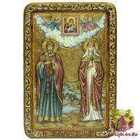 Живописная икона &quot;Петр и Февронья&quot; на кипарисе