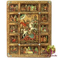 Живописная икона &quot;Чудо Святого Георгия о змие с житийными сценами&quot; на кипарисе