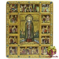 Живописная икона &quot;Преподобный Сергий Радонежский чудотворец с житийными сценами&quot; на кипарисе
