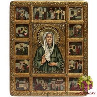Живописная икона "Блаженная старица Матрона Московская с житийными сценами" на кипарисе - вид 1 миниатюра