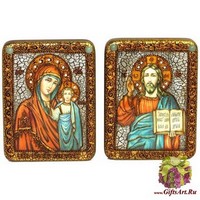 Венчальная пара подарочных икон &quot;Казанская икона Божией Матери&quot; и &quot;Господь Вседержитель&quot; на мореном дубе